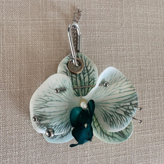 Pierced Orchid Bag Charm - Teal & White
