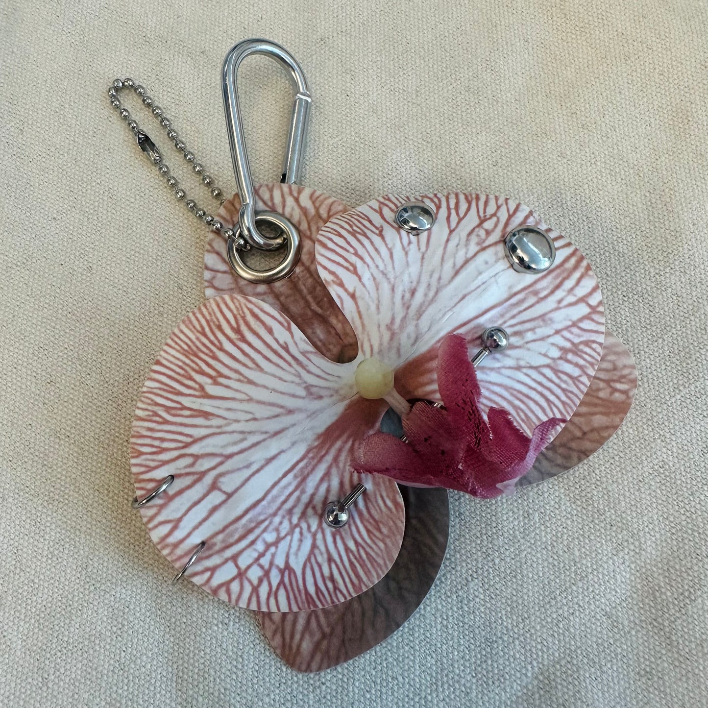 Pierced Orchid Bag Charm - Nude Brown & White