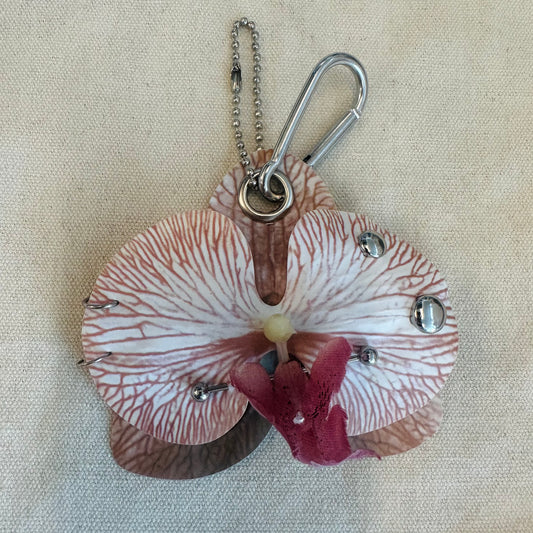 Pierced Orchid Bag Charm - Nude Brown & White