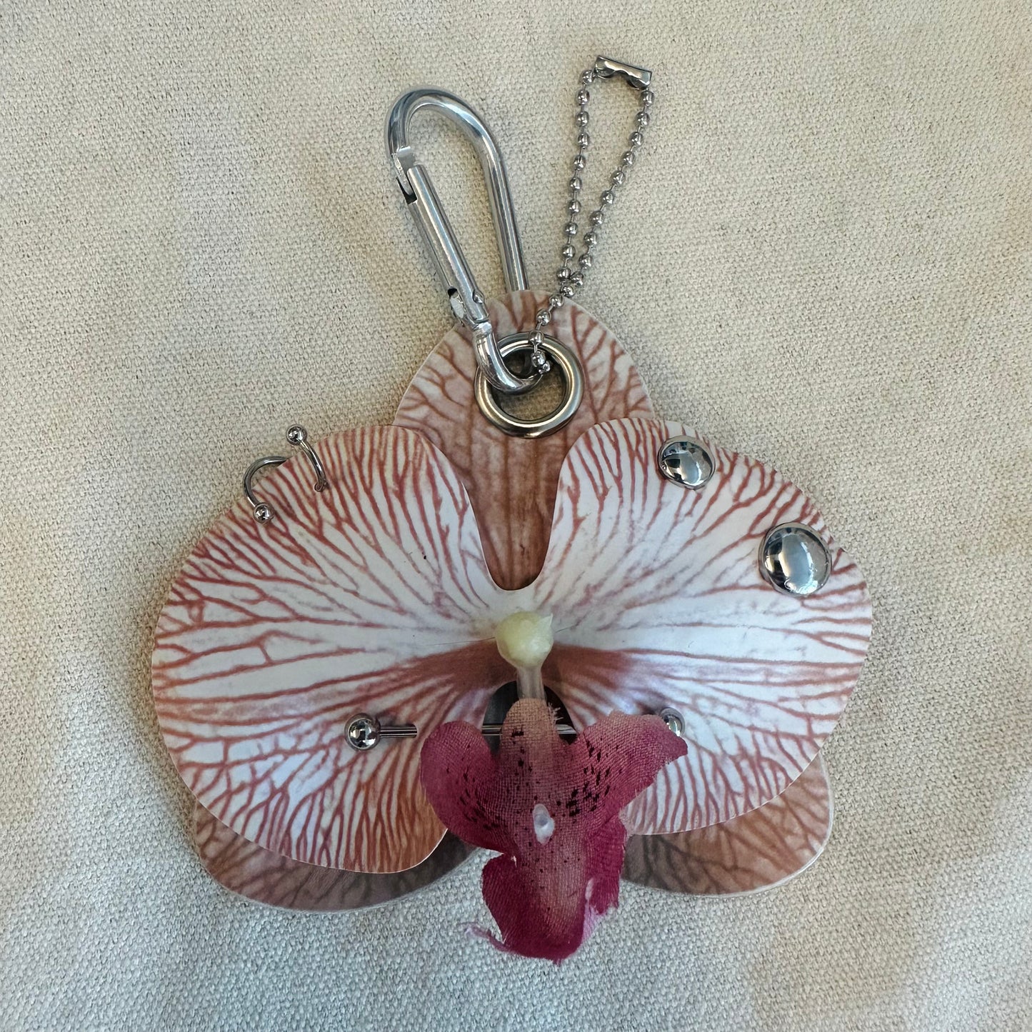 Pierced Orchid Bag Charm - Nude Brown & White