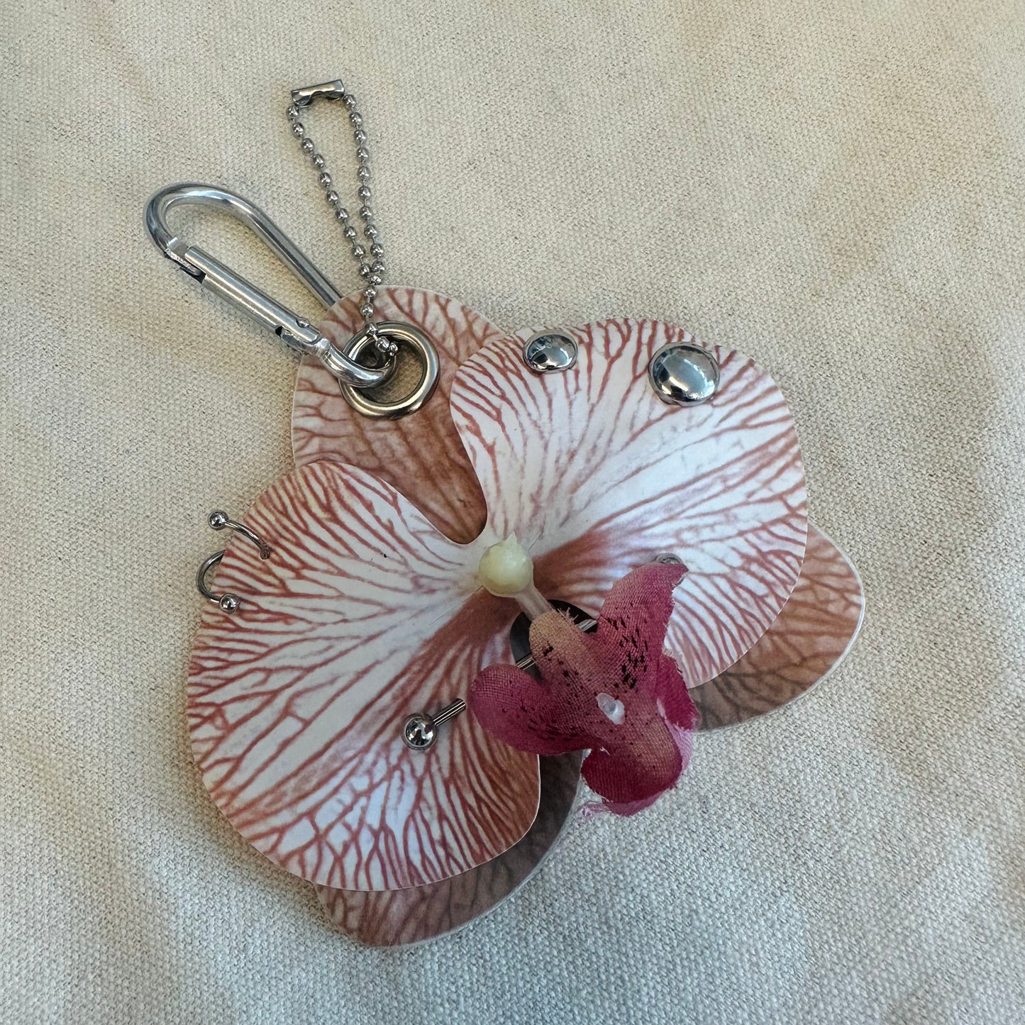 Pierced Orchid Bag Charm - Nude Brown & White